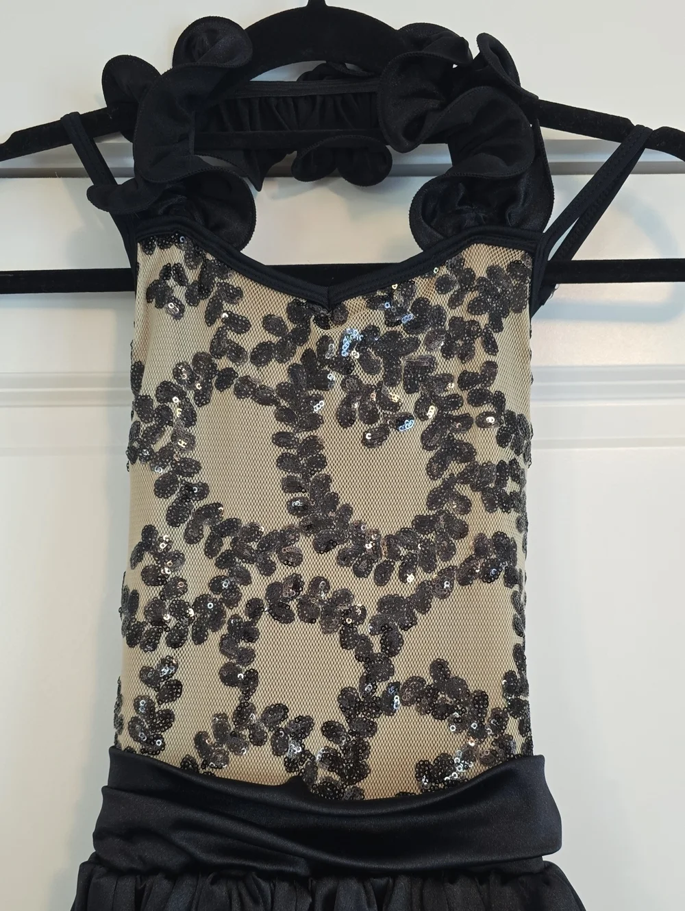 Curtain Call Tan and Black Sequin Catsuit with Peplum - Child Large